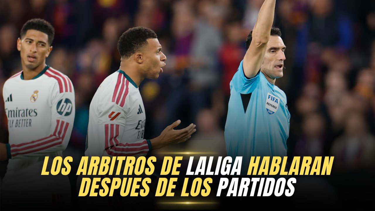 Árbitro de LaLiga señala una jugada mientras Mbappé y Bellingham reclaman