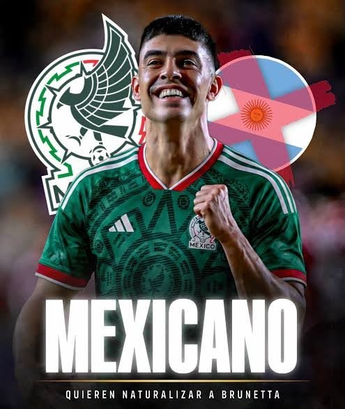 Juan Brunetta sonriente con la camiseta de México, el escudo del Tri y la bandera de Argentina tachada