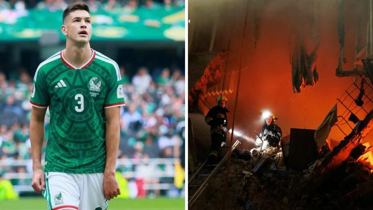 César Montes con la selección mexicana junto a una imagen de bomberos en un edificio en llamas