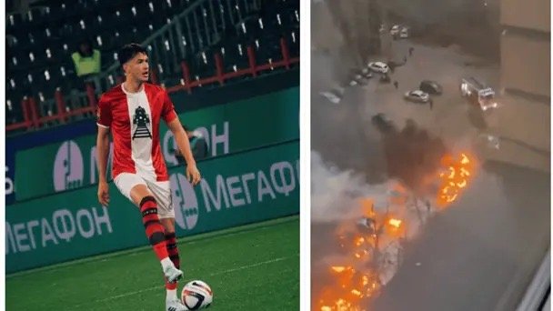 César Montes con el uniforme del Lokomotiv junto a una imagen de vehículos en llamas