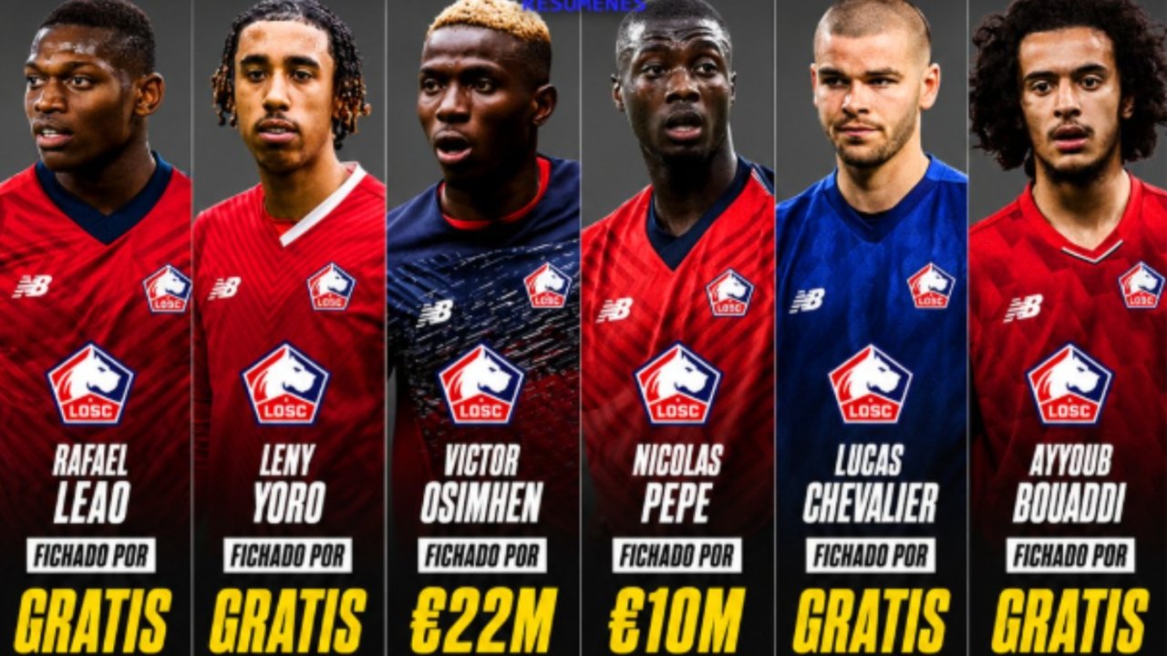 Rafael Leão, Leny Yoro, Victor Osimhen, Nicolas Pépé, Lucas Chevalier y Ayyoub Bouaddi con la camiseta del Lille y lo que costó cada uno al club