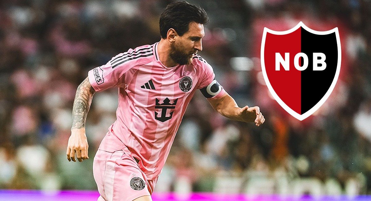 Lionel Messi con la camiseta rosa de Inter Miami junto al escudo de Newell's Old Boys