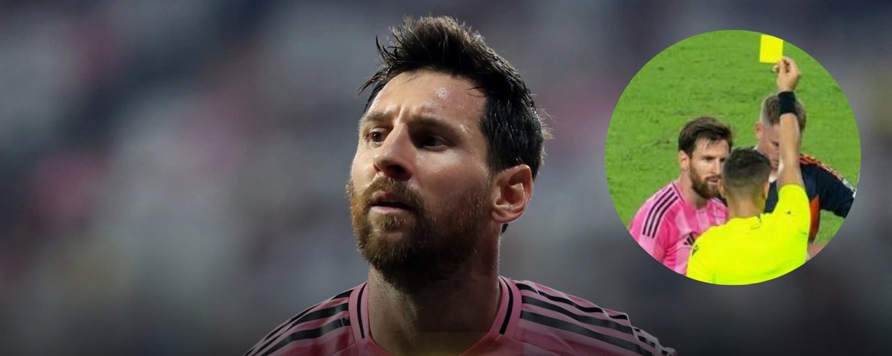 Lionel Messi in Inter Miami's pink jersey and, in an inset, the referee showing him a yellow card