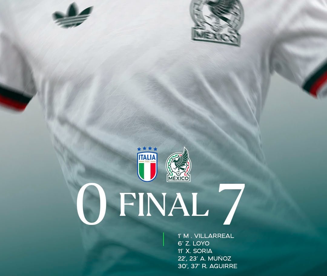 Gráfico del resultado final Italia 0–7 México con los goleadores del partido