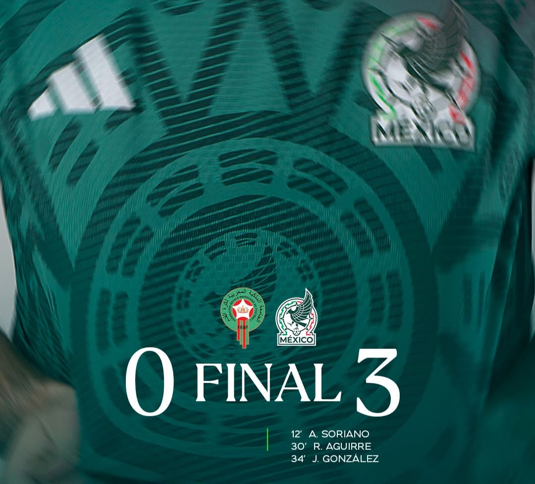 Gráfico del resultado final Marruecos 0–3 México con los goleadores del partido