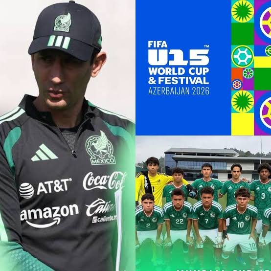 Marvin Cabrera con gorra de la Selección Mexicana junto al logo del Mundial Sub-15 de Azerbaiyán 2026 y una foto del equipo